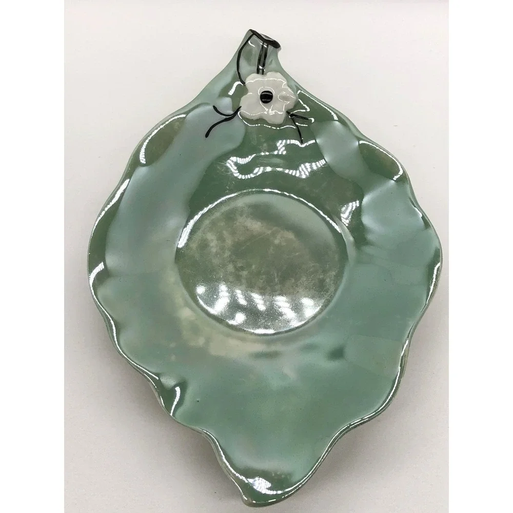 Vintage Czechoslovakia Sage Green Porcelain Leaf Trinket Dish White Flower 6in